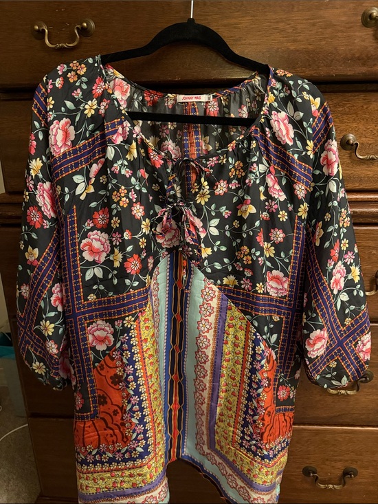 Johnny Was Tops - Johnny Was Black Silk Floral Patchwork Tie-Neck Tunic with Multicolor Border
